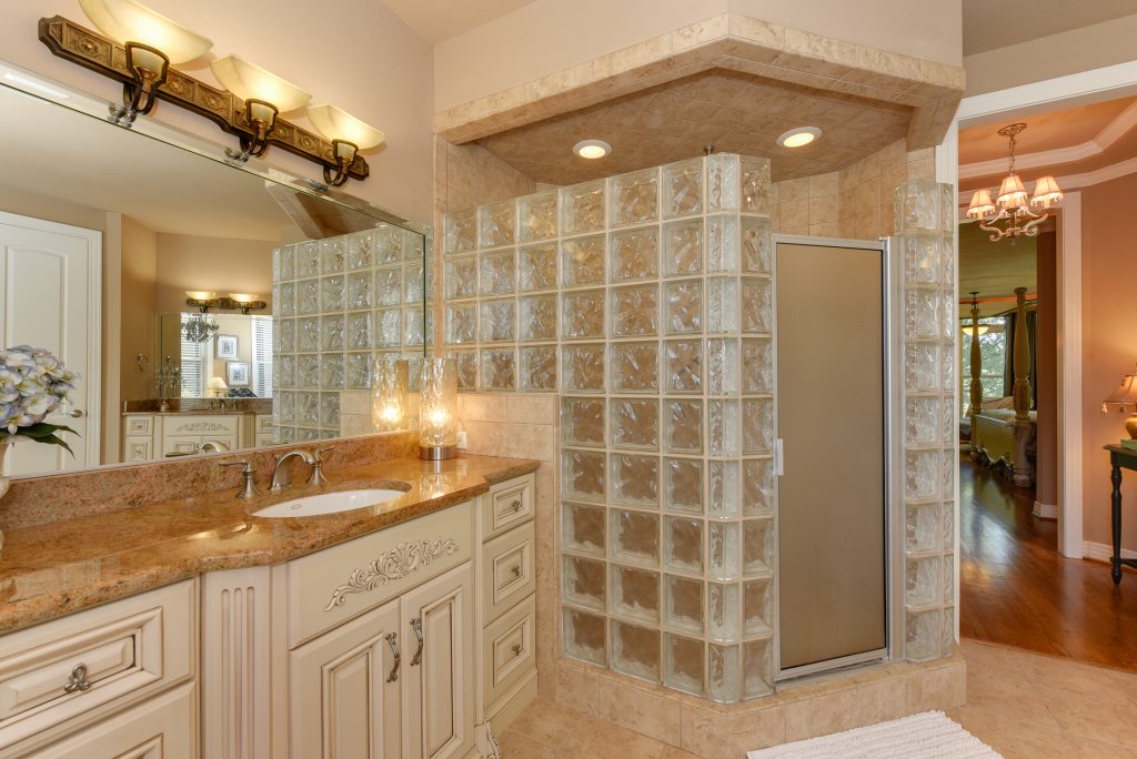 master bathroom with glass blocks